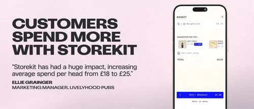 Text stating customers spend more with Storekit and a testimonial quote from Ellie Grainger, Marketing Manager at Livelyhood Pubs, alongside a smartphone screen showing an online order basket with a Margherita pizza and suggested upsell items Diet Coke and Roas Mayo.