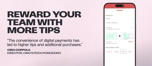 "Reward your team with more tips" text on left with testimonial about digital payments increasing tips; on right, a smartphone screen showing a restaurant checkout interface with ordering details and tip amount options.