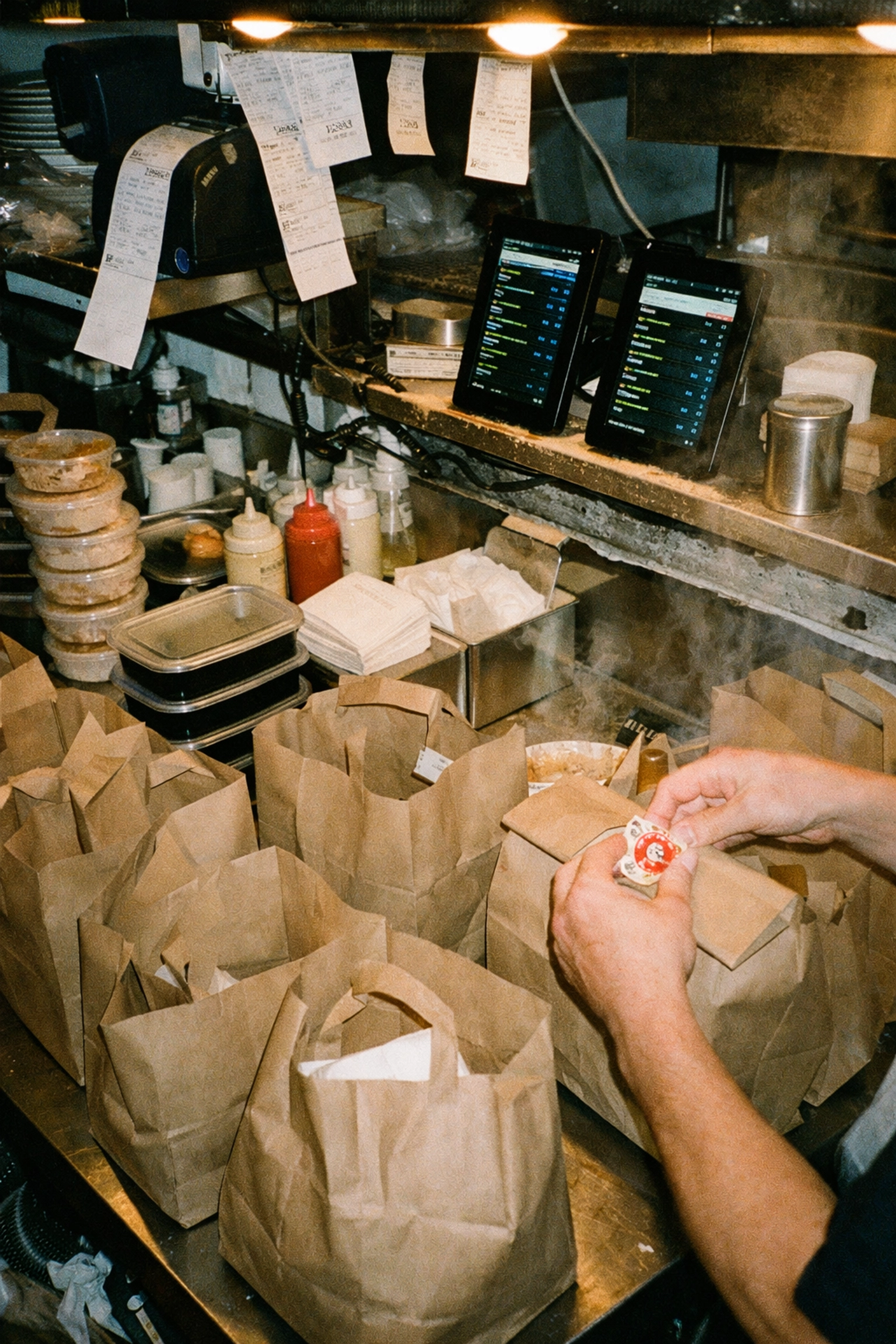 Busy restaurant packing station with multiple takeaway orders during dinner service