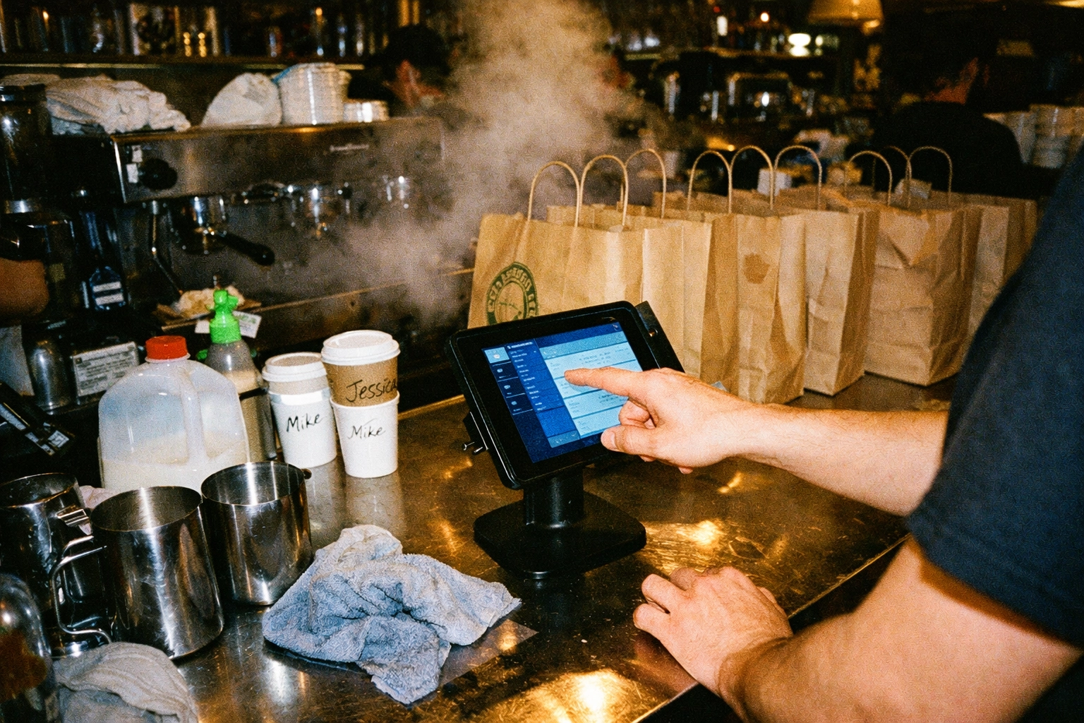 Restaurant staff managing multiple click & collect pickup orders on tablet