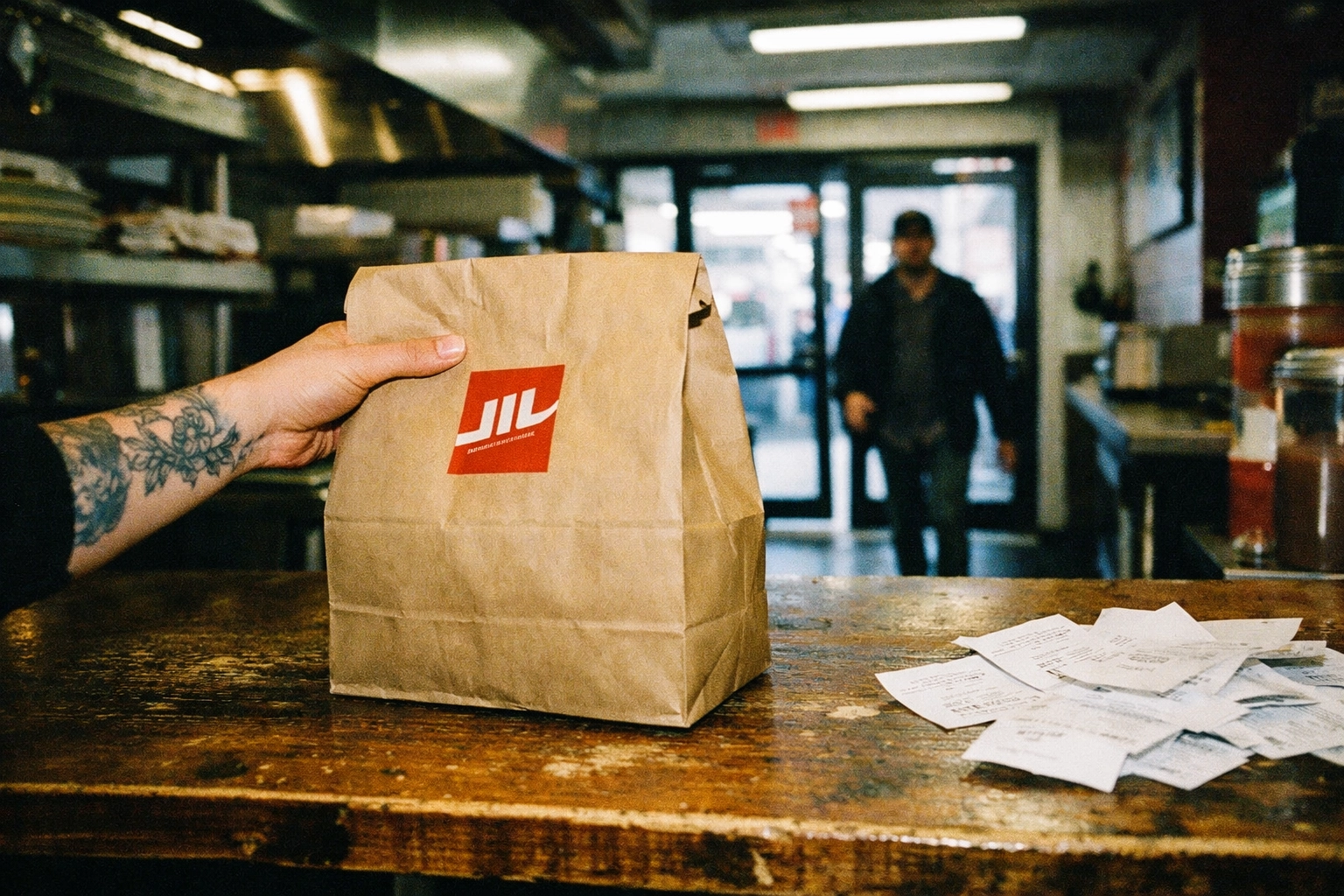 Restaurant counter with click & collect order ready for customer pickup
