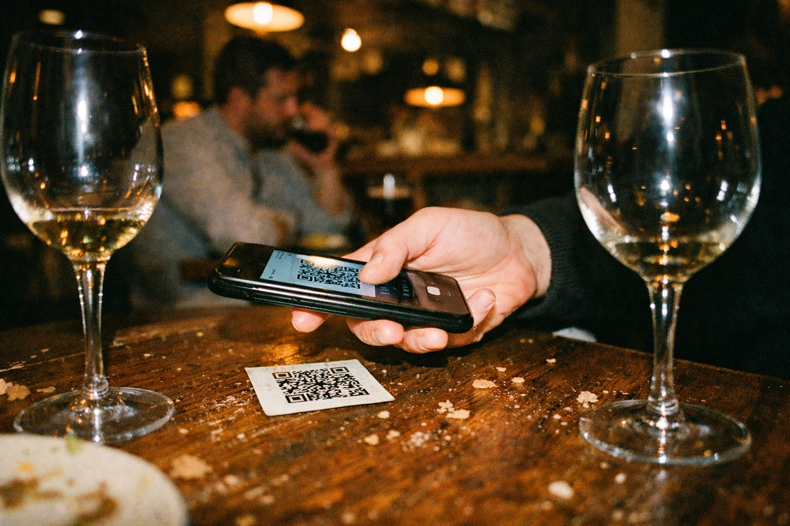 Restaurant guest scanning QR code menu on table during dinner service