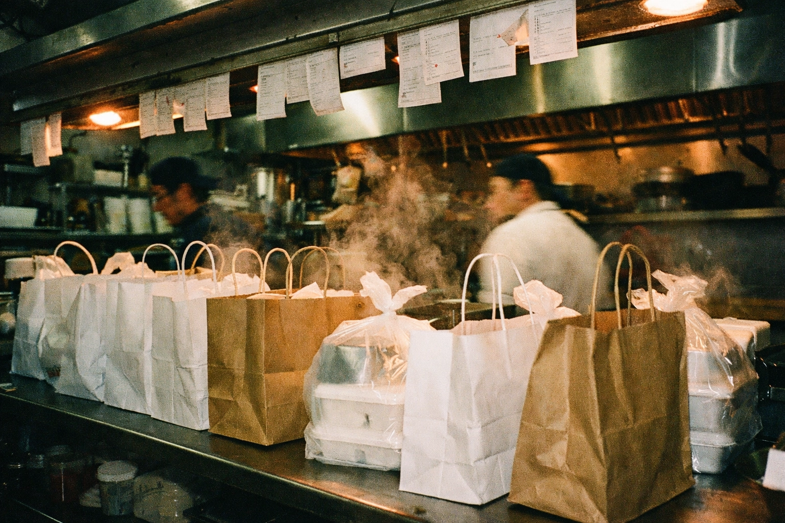Kitchen pass with delivery orders ready for courier pickup during busy restaurant service