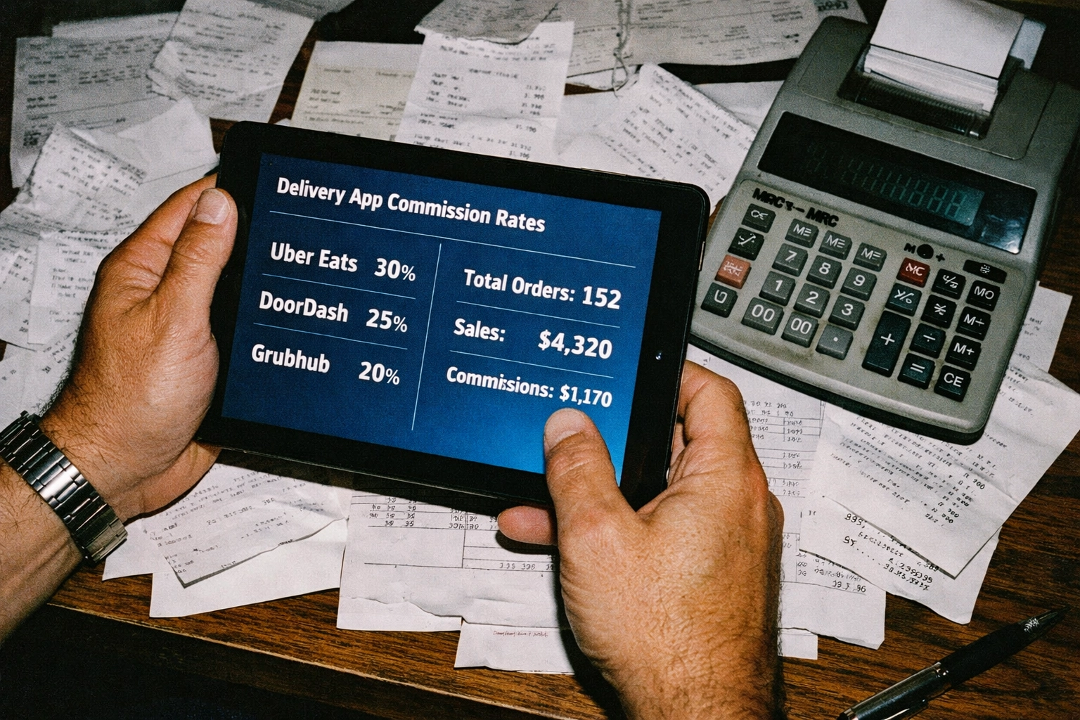 Restaurant manager reviewing delivery marketplace commission rates on tablet with receipts