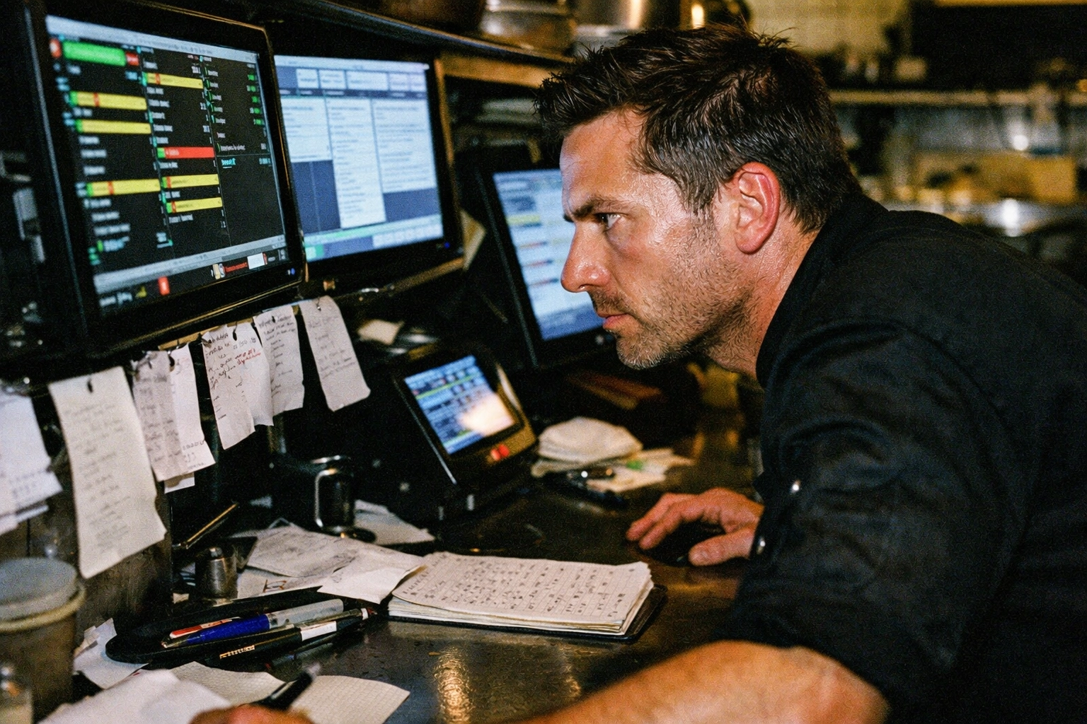 Restaurant kitchen staff managing multiple order screens and POS systems during service