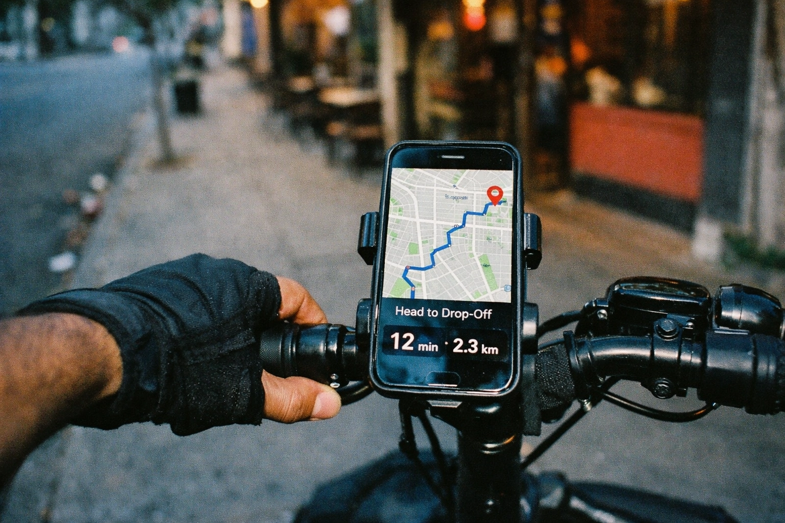 Delivery courier checking smartphone route for direct restaurant delivery order