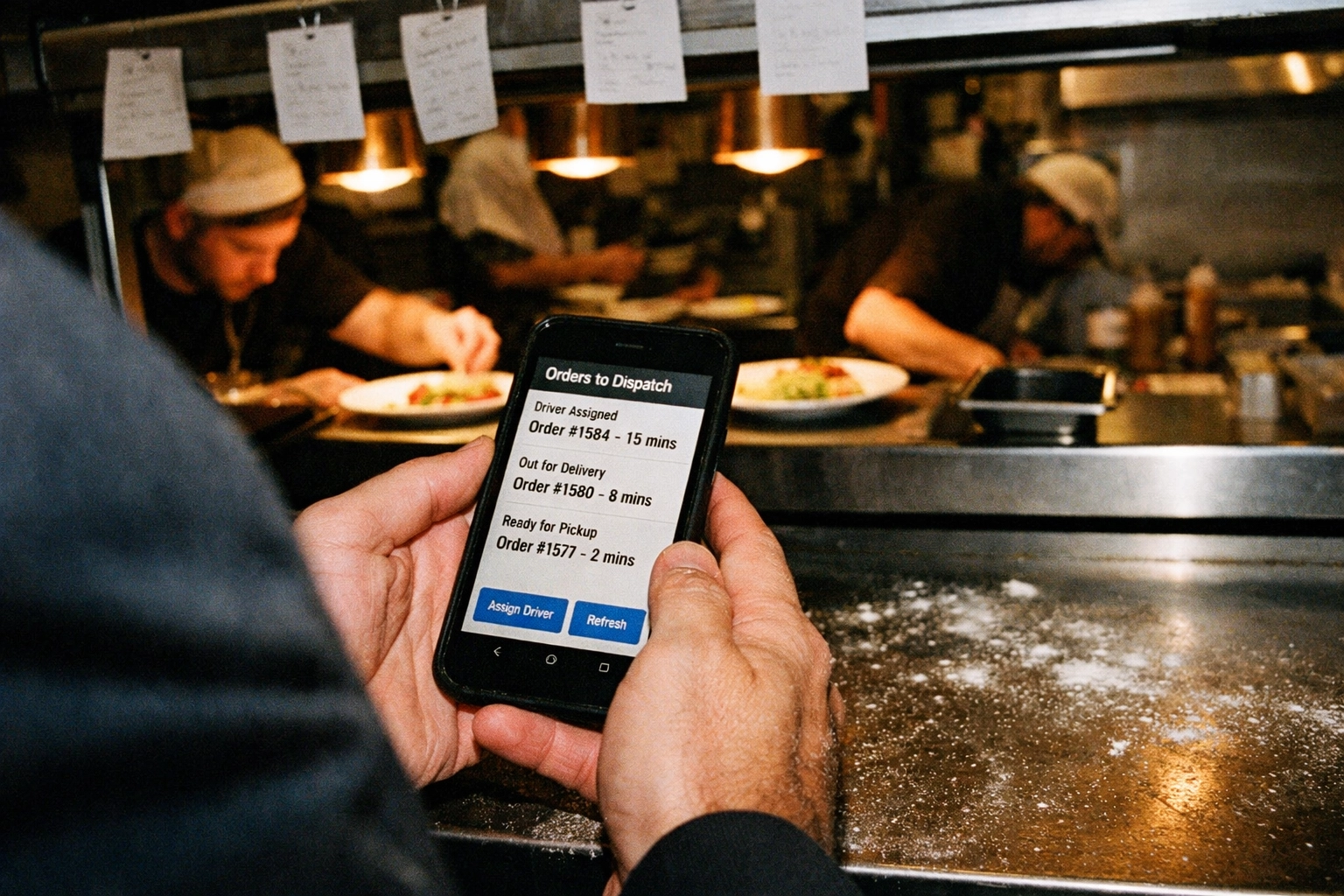 Restaurant manager dispatching Uber Direct delivery order on smartphone in commercial kitchen