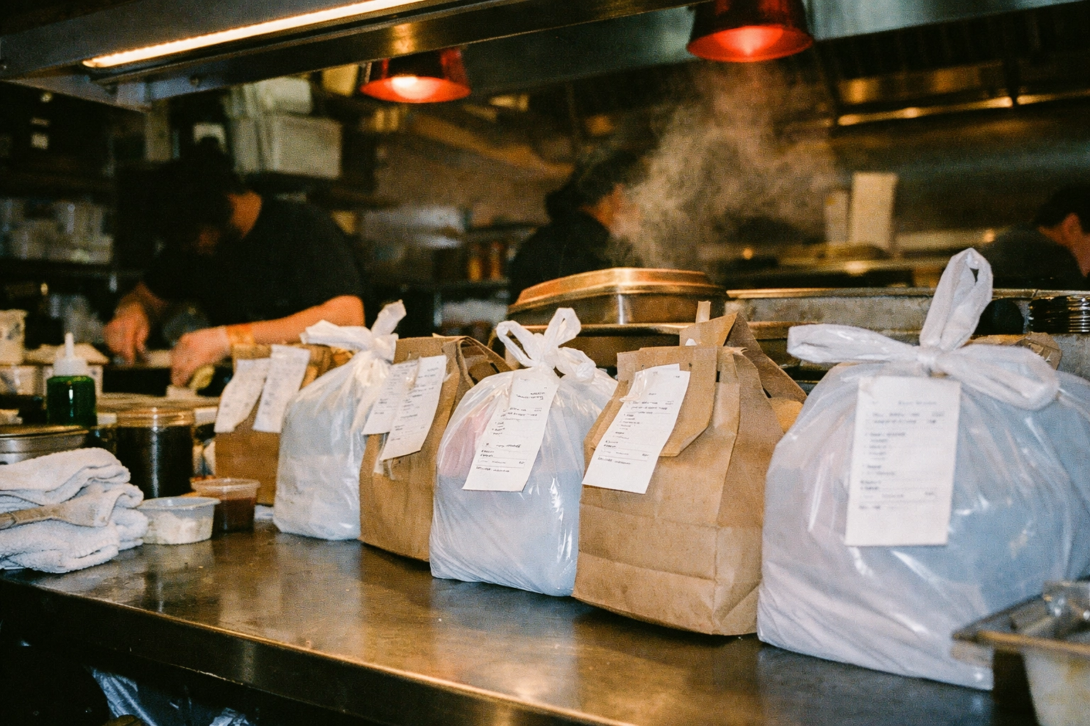 Restaurant kitchen expo station with multiple delivery orders ready for courier pickup