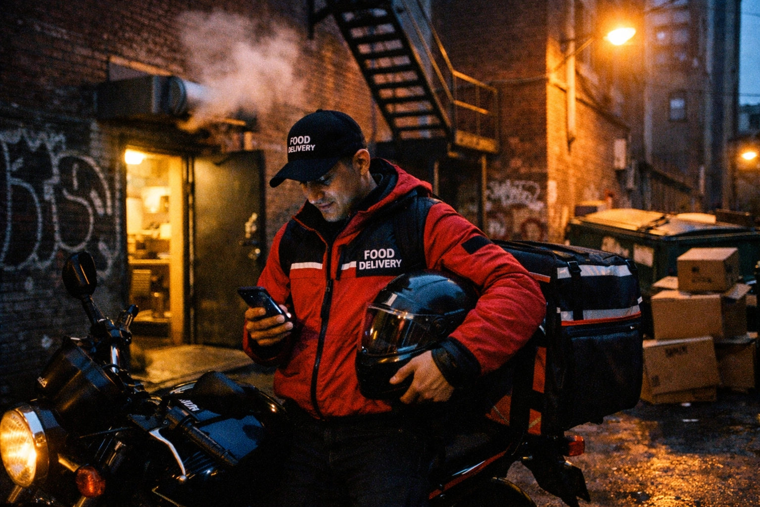 Delivery courier waiting outside restaurant with bike for white-label food delivery pickup