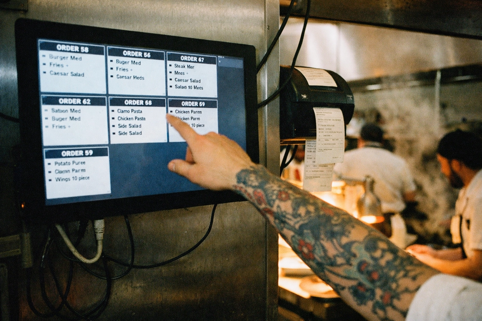 Kitchen display screen showing integrated QR orders flowing to restaurant kitchen staff