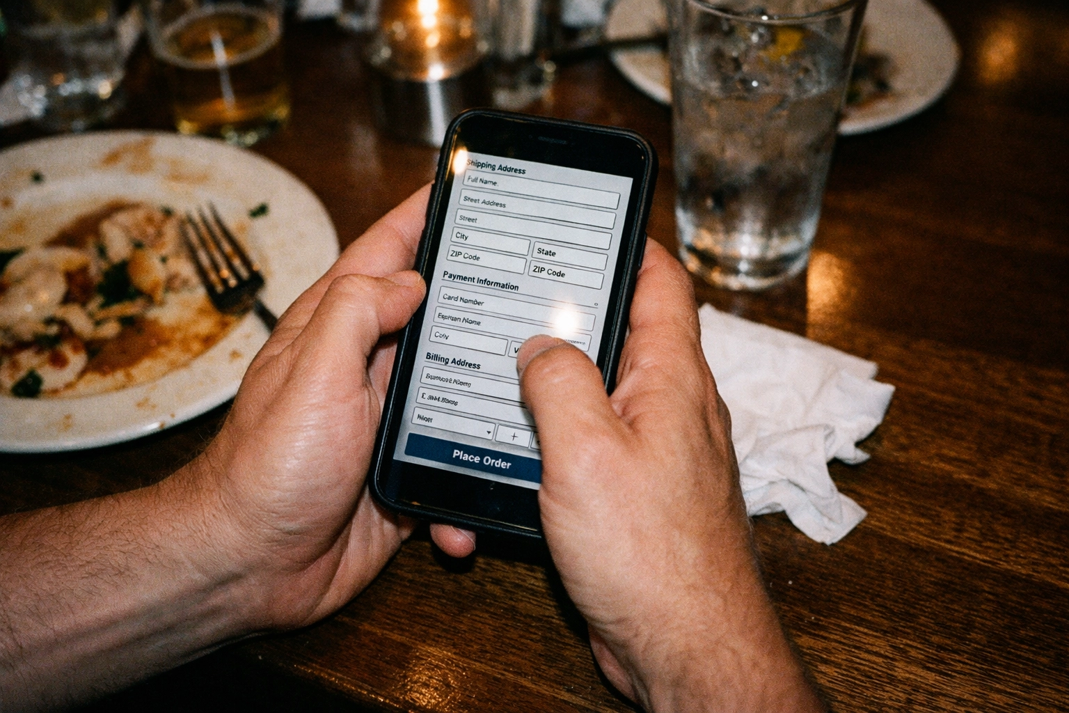 Guest struggling with complicated QR ordering checkout form on smartphone at restaurant table
