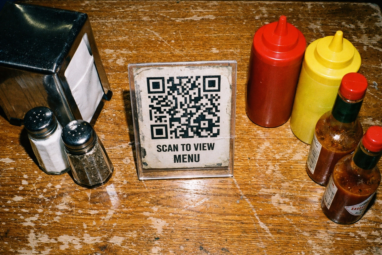 QR code ordering card on restaurant table with condiments showing proper placement standards
