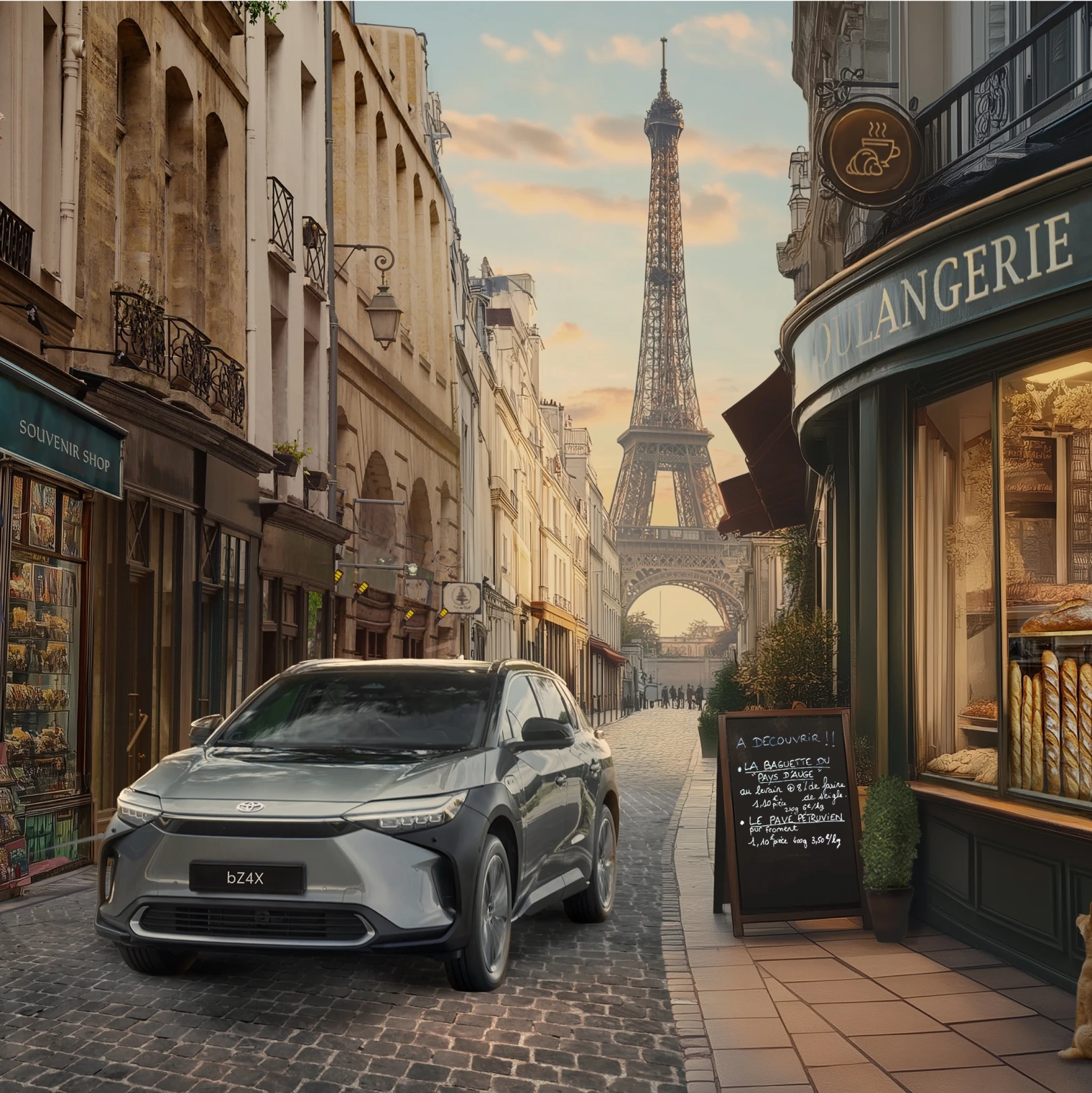 Photoshop beeld van een Toyota bz4X in Parijs