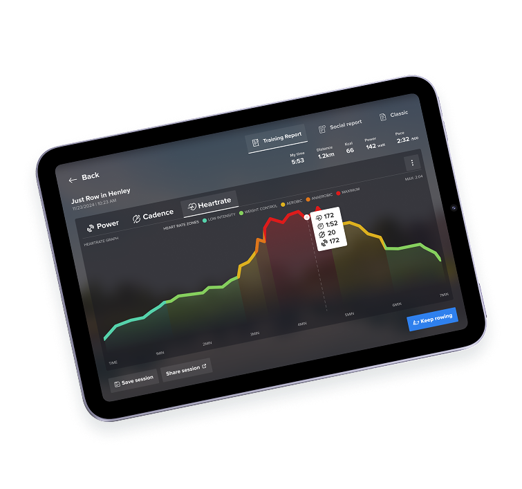 Tablet toont een trainingsrapport met een hartslaggrafiek van een roeisessie in Henley, met kleuren die verschillende hartslagzones aangeven en details over afstand, calorieën, vermogen en tempo.