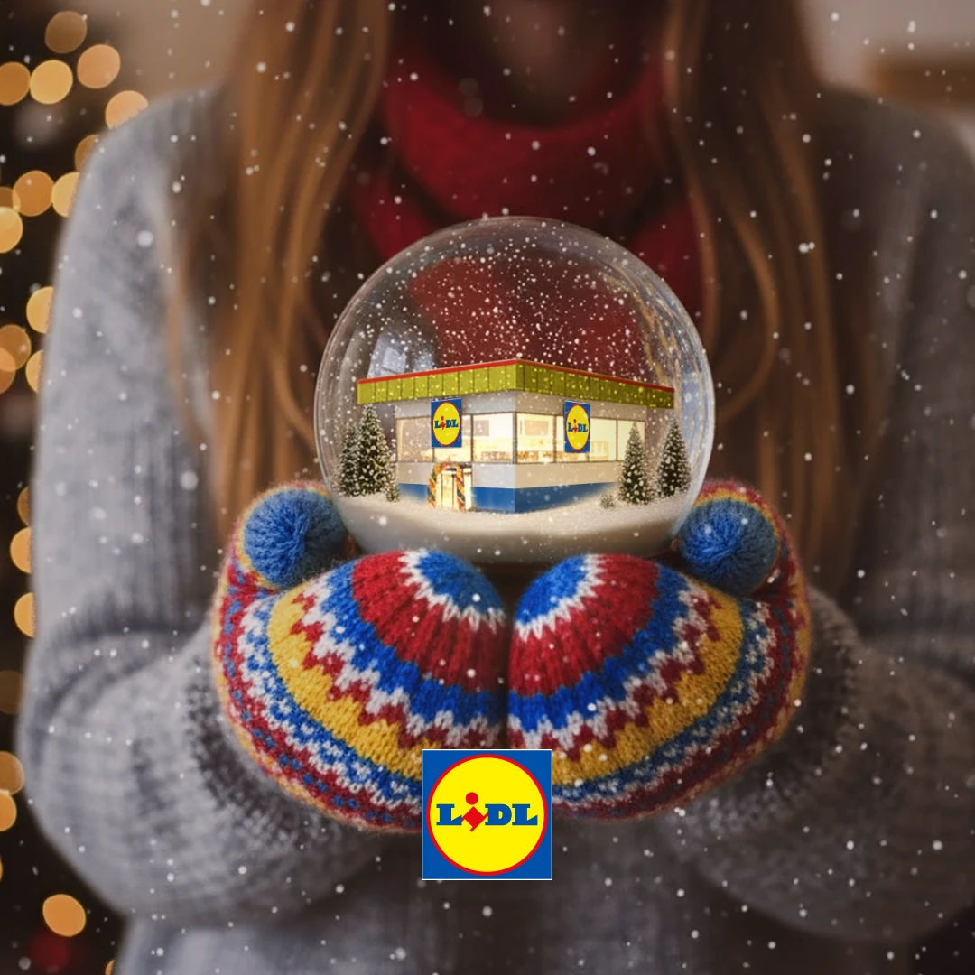 Key visual van een Lidl winkel in een snowglobe. Het meisje heeft ook dikke wanten aan in de kleuren van Lidl.