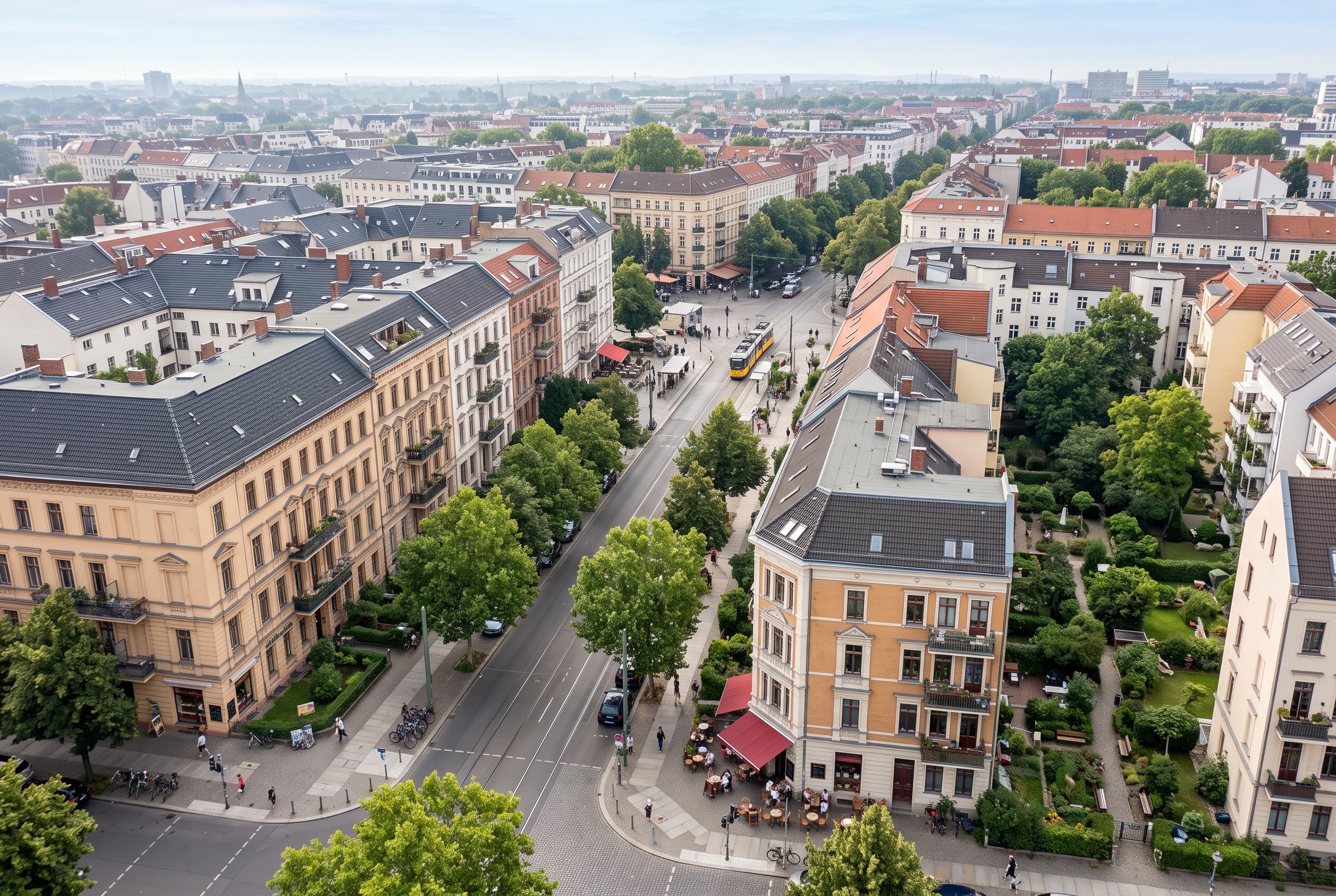 Präzise Vogelperspektive auf ein urbanes Quartier mit unterschiedlichen Straßenzügen, Innenhöfen, Grünflächen und Verkehrsanbindungen