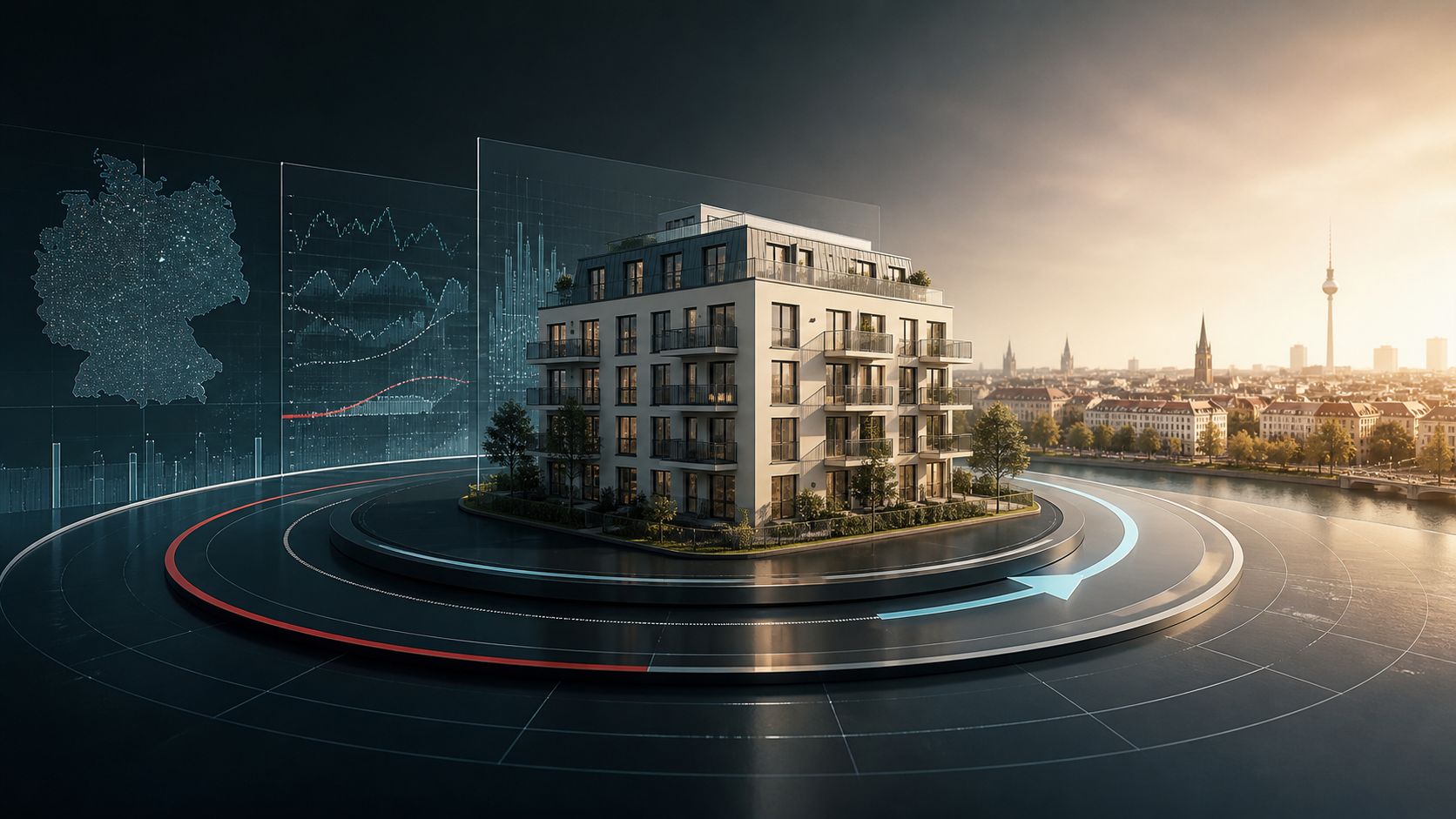 Mehrfamilienhausmodell auf einer Analyseplattform vor deutschen Markt- und Finanzierungsdaten