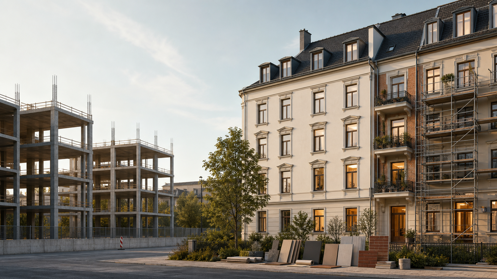 Unvollendeter Neubau neben bewohnten Bestandsgebäuden mit laufender, behutsamer Modernisierung