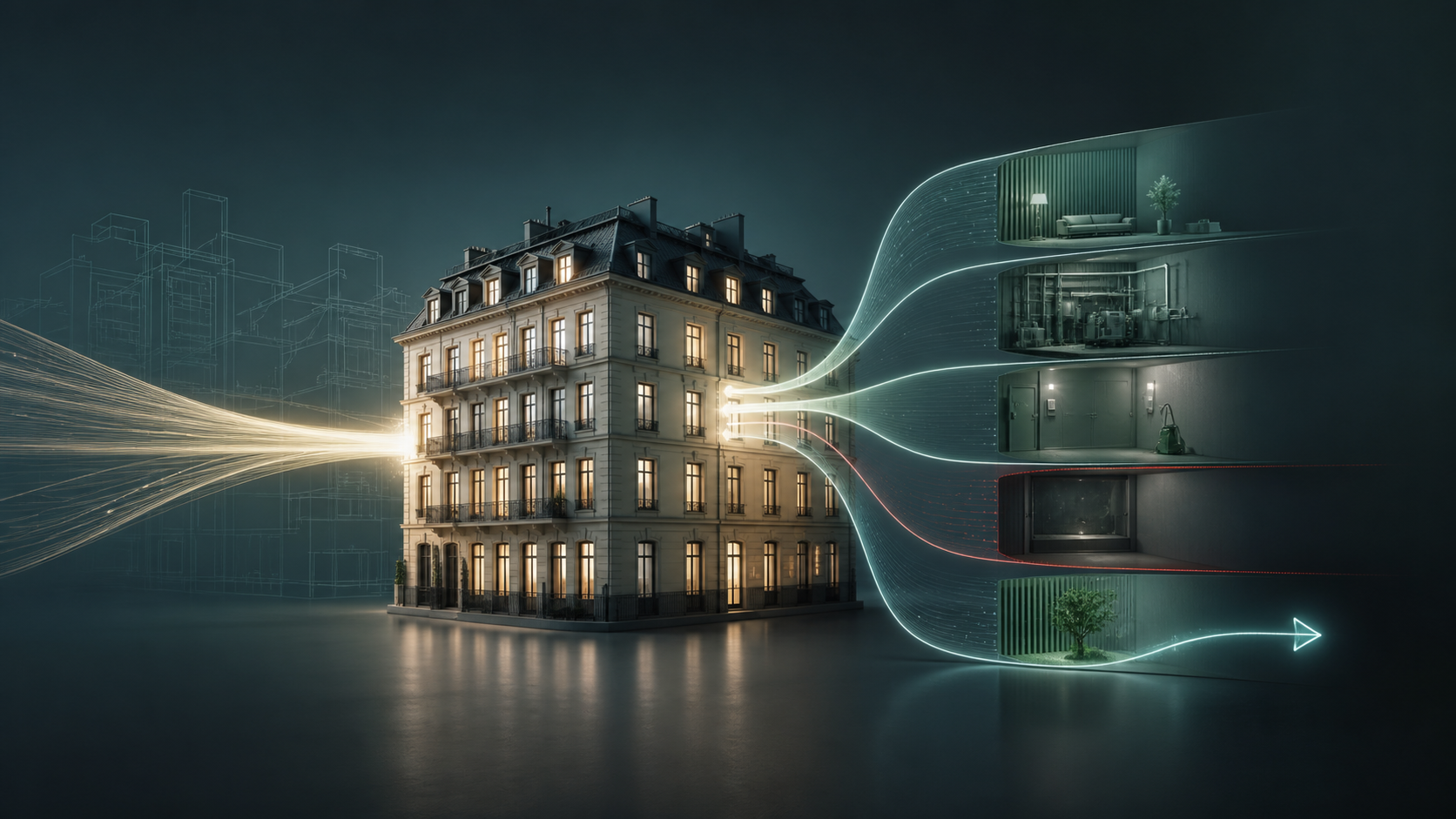 Mehrfamilienhaus mit visualisierten Mietströmen, die sich in Betriebs-, Energie- und Instandhaltungskosten aufteilen