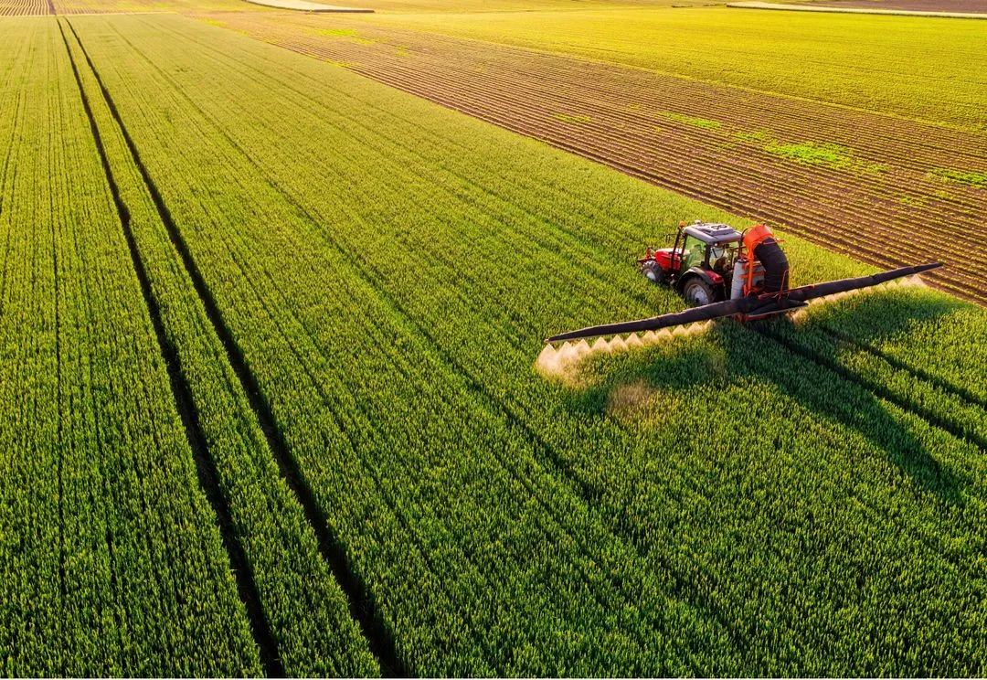 A large field is being sprayed with something