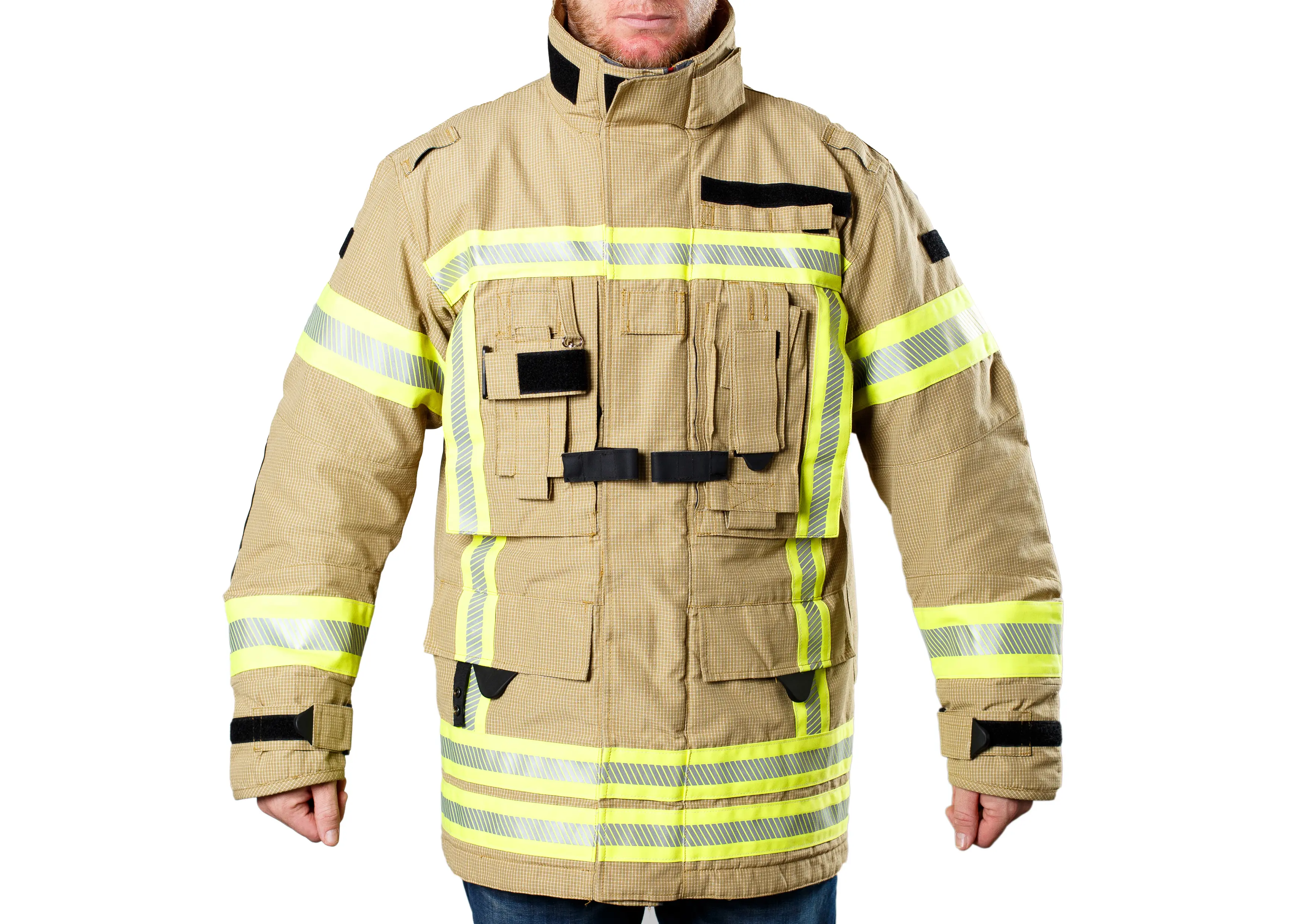 High-visibility firefighter jacket with neon reflective strips and tactical pocketing, produced for emergency response professionals.