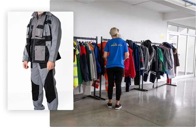 Professional showcasing protective industrial uniform among safety jackets in a facility, representing workwear manufacturing.
