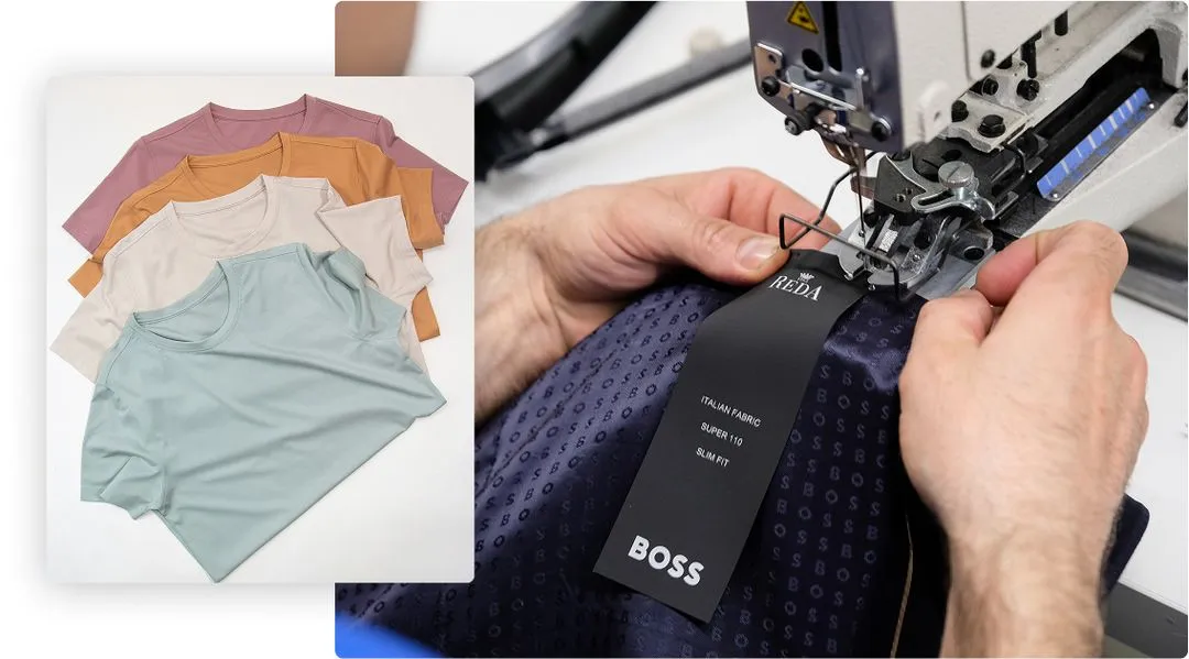 Close-up of sewing machine applying branded label to luxury menswear fabric, showcasing white-label garment production