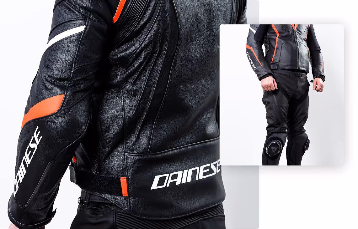 Detail view of a high-performance leather motorcycle suit with protective padding, designed for technical apparel use.