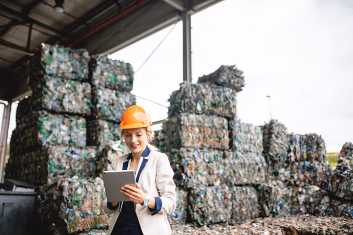 Female resource recovery specialist wearing an orange hard hat, using a digital tablet while standing outdoors near industrial recycling equipment.