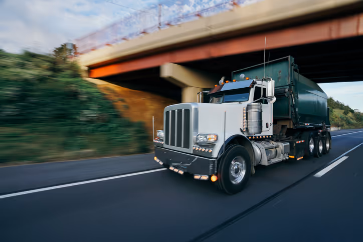 Semi-truck hauling a green container trailer driving on a multi-lane highway beneath an overpass with greenery along the roadside.