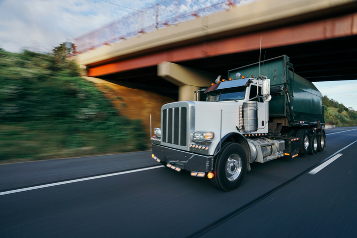 Semi-truck hauling a green container trailer driving on a multi-lane highway beneath an overpass with greenery along the roadside.