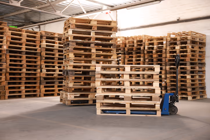Large industrial warehouse filled with stacked wooden pallets and a blue pallet jack on the concrete floor beneath a metal ceiling.