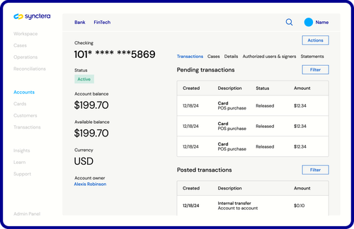 Synctera dashboard overview with account number and balances