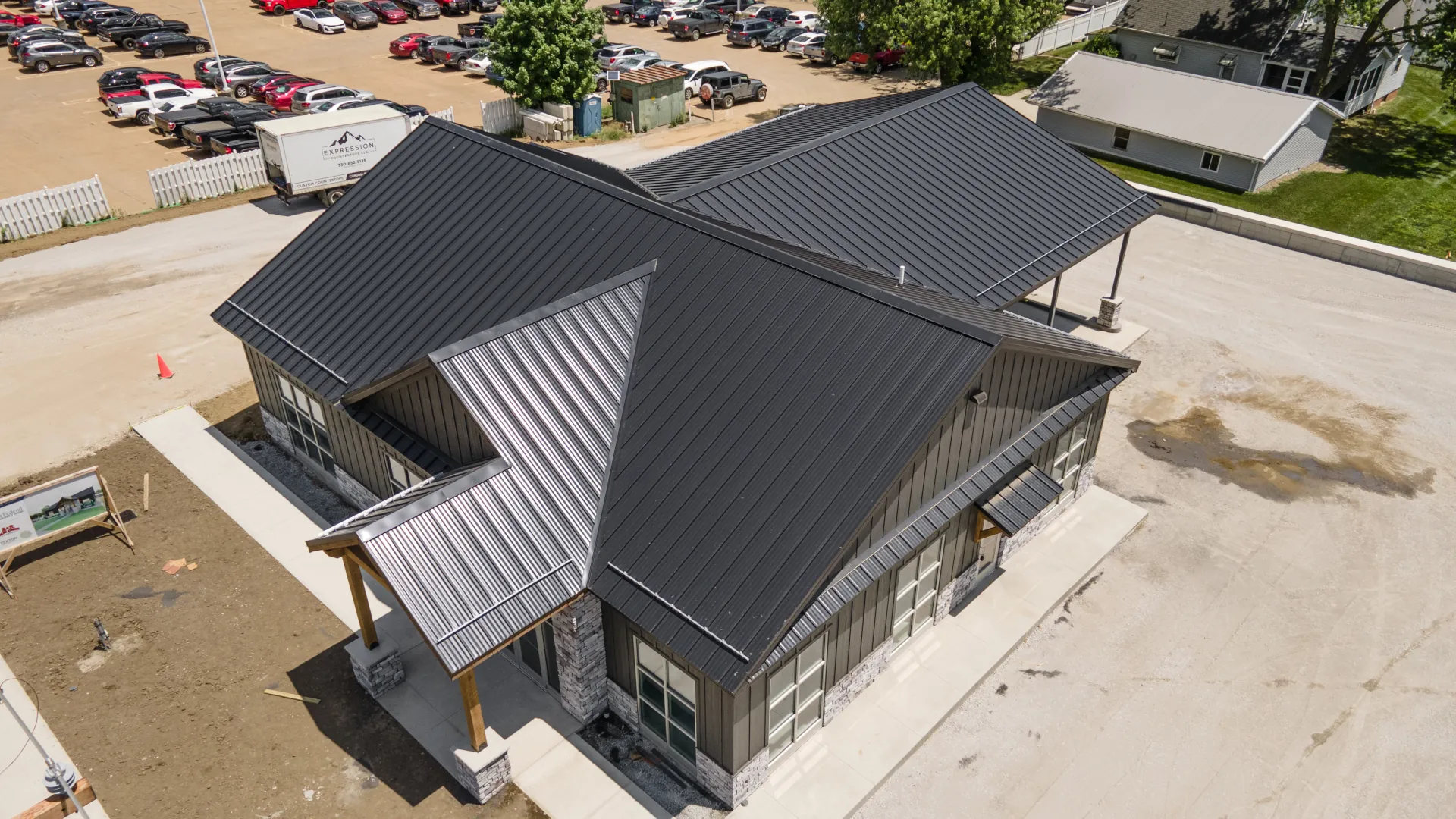 Business building with black metal roofing