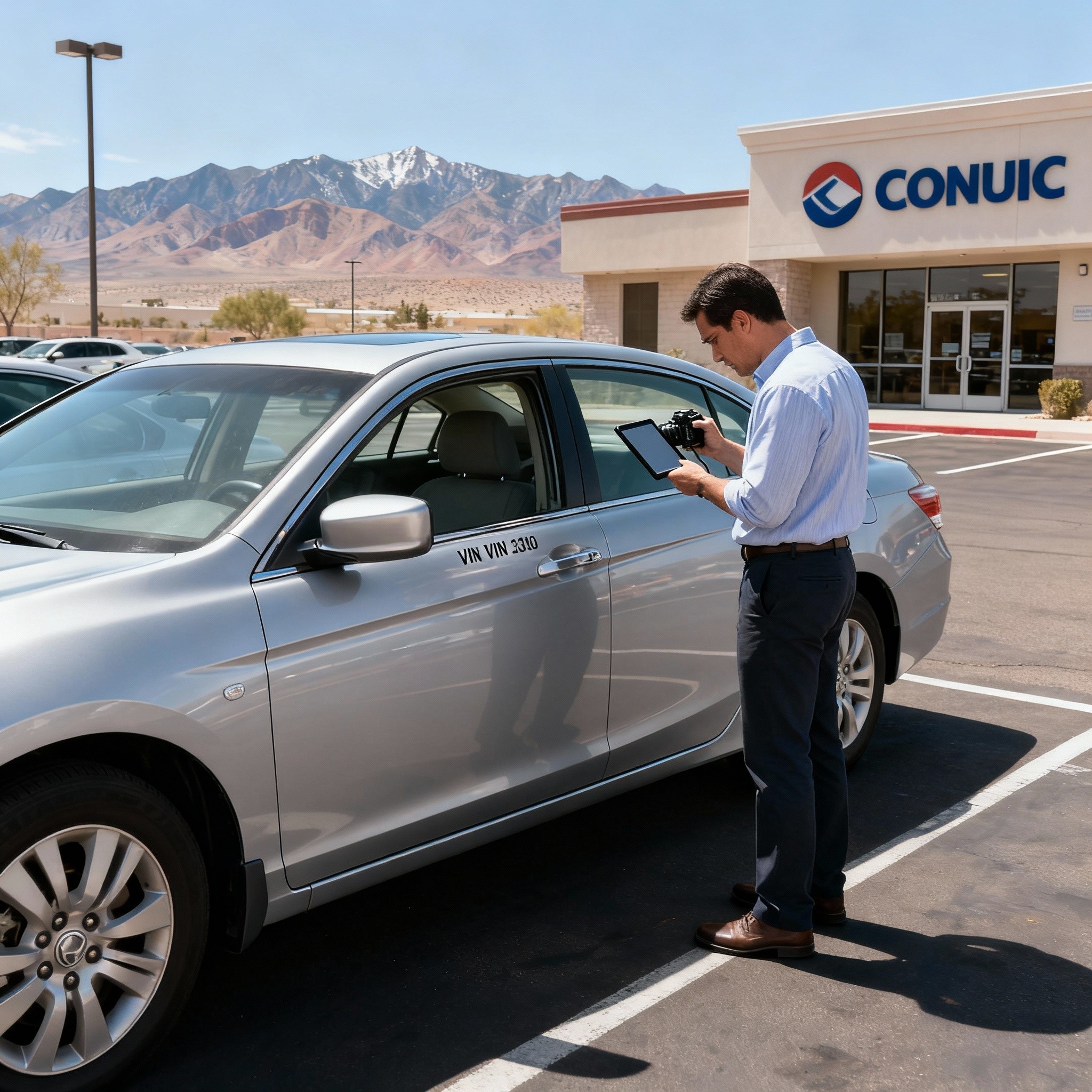 Lake Mead Mobile Notary field inspector documenting vehicle VIN at credit union parking lot in Las Vegas Nevada