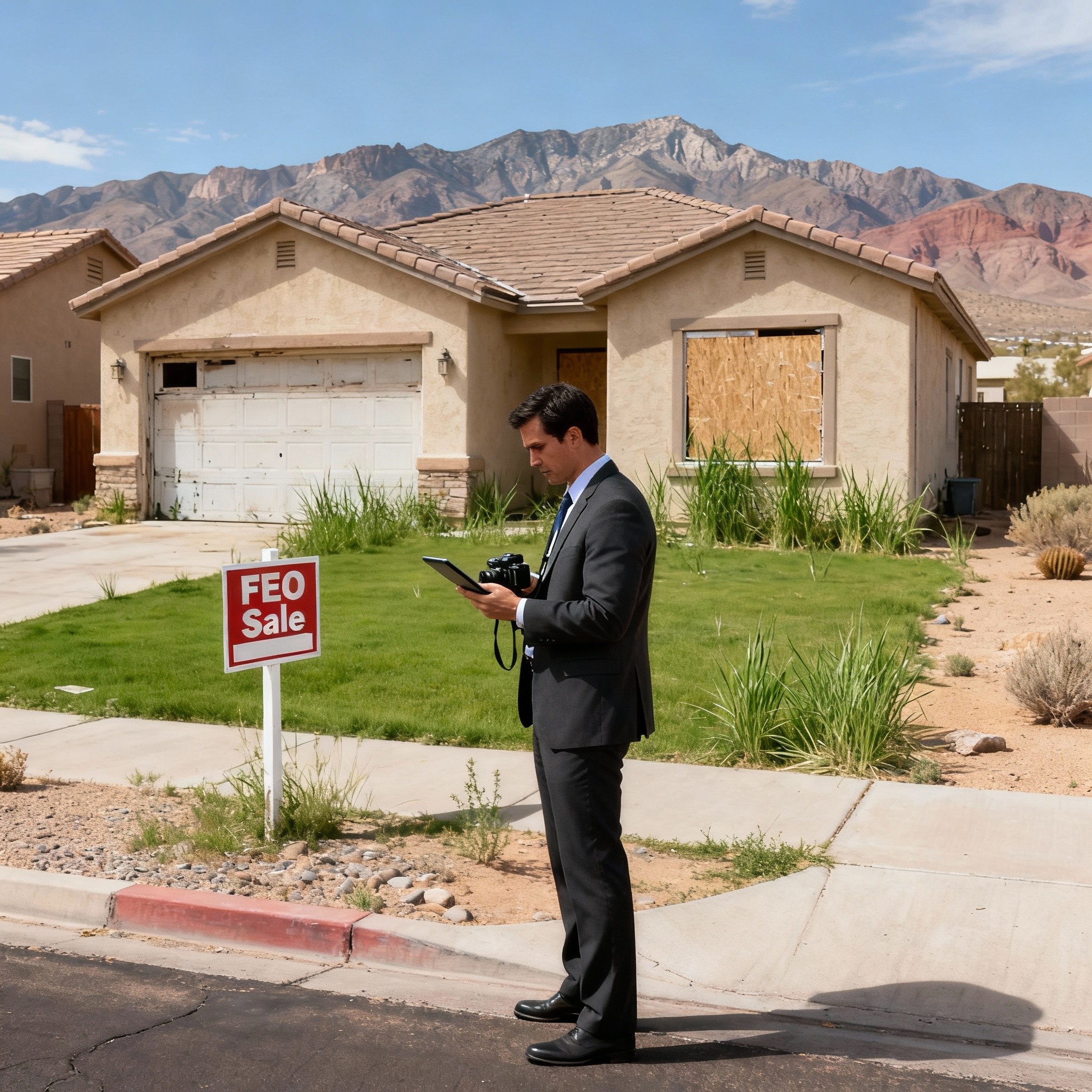 Lake Mead Mobile Notary field inspector documenting vacant REO property condition in Las Vegas Nevada neighborhood