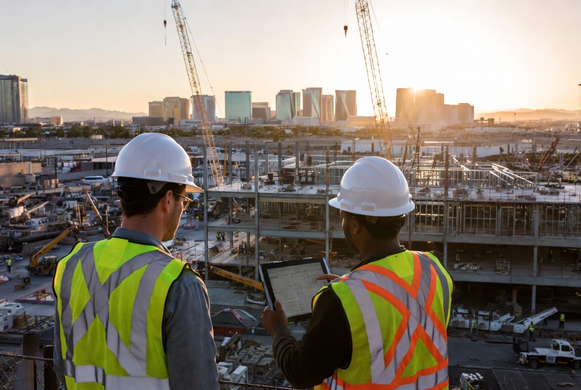 Commercial construction site in Las Vegas at golden hour, project manager and coordinator reviewing digital plans on a tablet with steel framing and cranes in the background