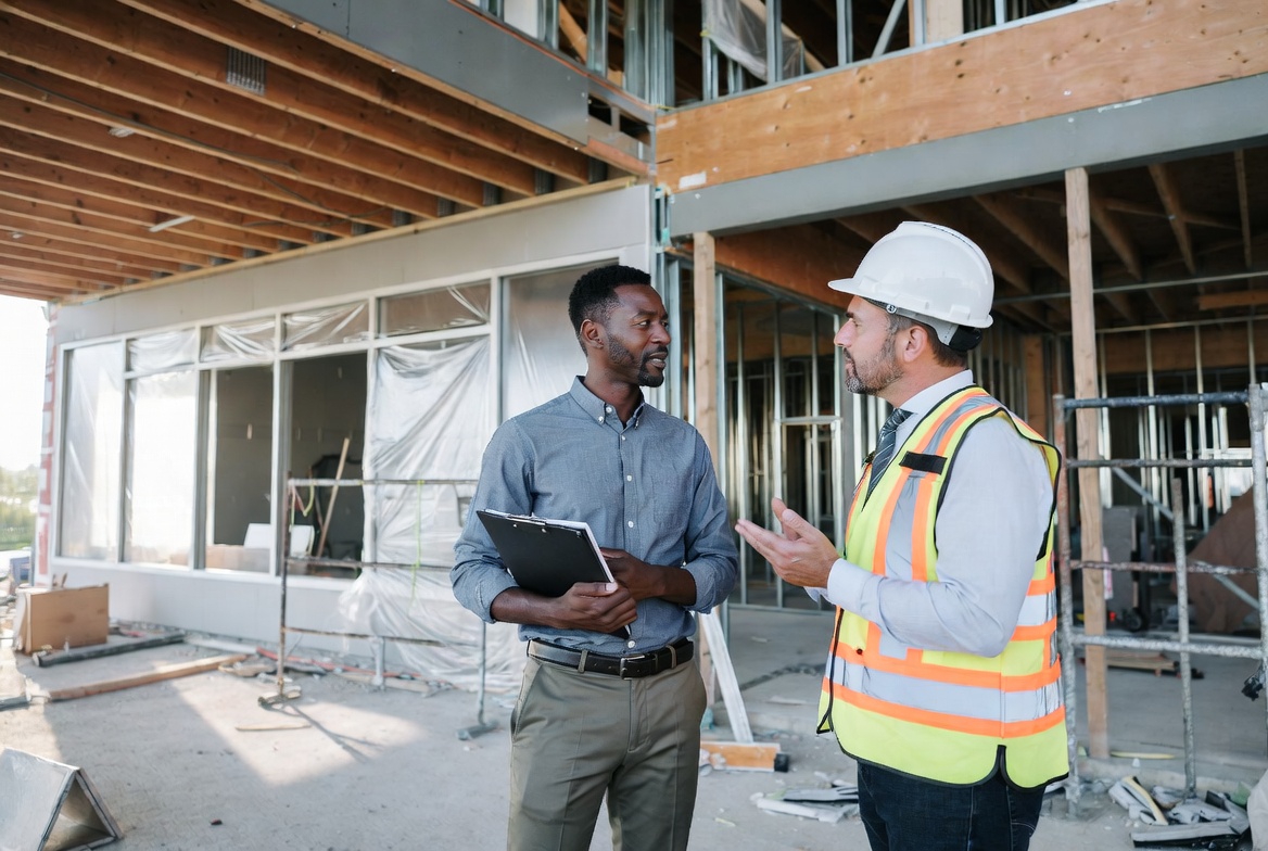 Project administrator in business‑casual attire on a commercial jobsite, holding a clipboard and tablet, talking with a superintendent in a hard hat, framed by partially finished retail/office space