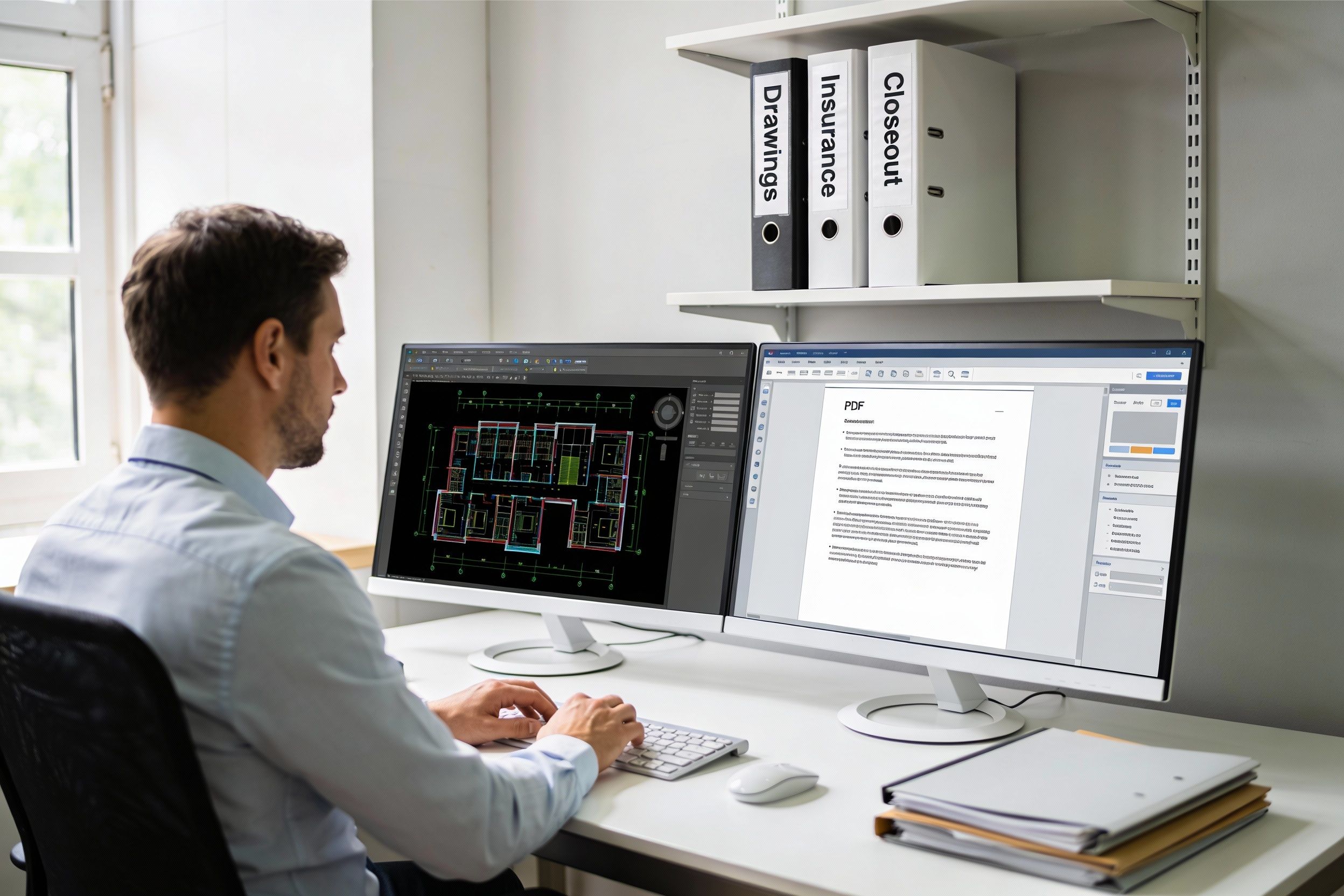 Document control specialist organizing digital construction files on a large monitor, side‑by‑side CAD drawings and PDF permit documents, with binders labeled ‘Drawings,’ ‘Insurance,’ ‘Closeout’ neatly arranged on shelves behind.