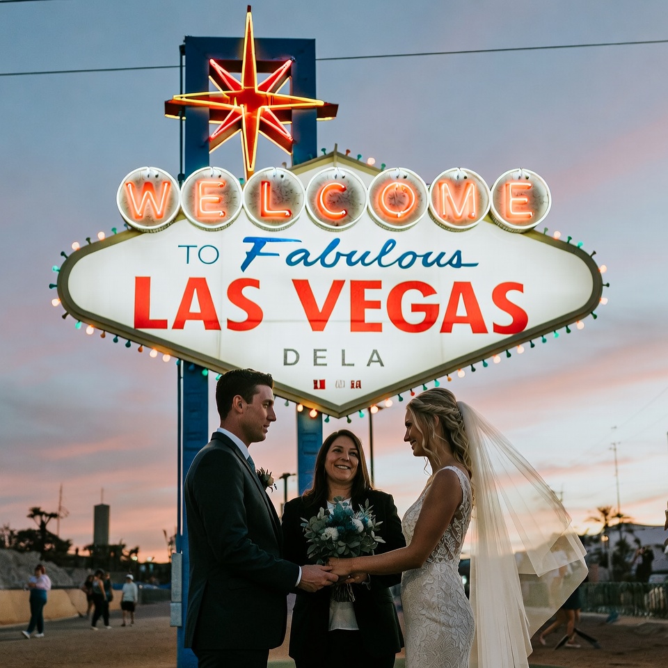las vegas wedding officiant performing a quick elopement for a couple in front of the welcome to fabulous las vegas sign
