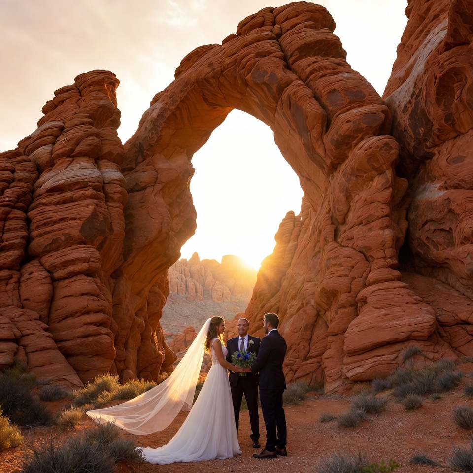 las vegas wedding officiant performing an intimate desert ceremony for a couple at valley of fire state park surrounded by towering red rock formations
