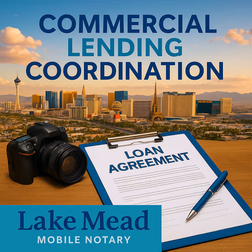 Professional branded visual featuring commercial lending coordination theme with Las Vegas skyline, loan documents, and field inspection elements in Lake Mead Mobile Notary brand colors, symbolizing business financing support and document verification serv