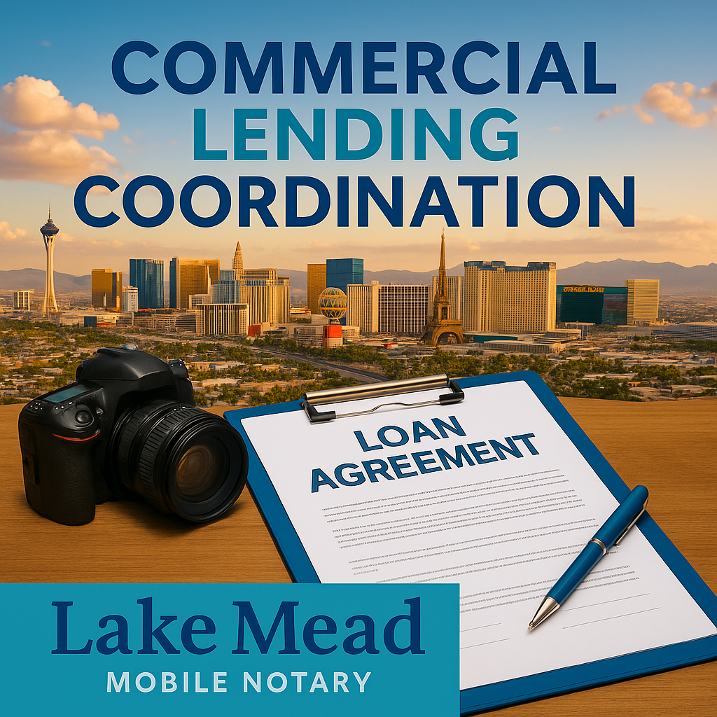 Professional branded visual featuring commercial lending coordination theme with Las Vegas skyline, loan documents, and field inspection elements in Lake Mead Mobile Notary brand colors, symbolizing business financing support and document verification serv