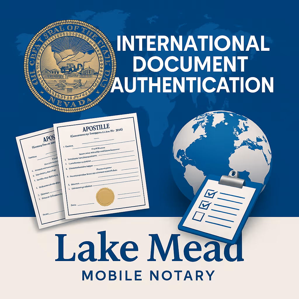 Professional digital graphic representing international document authentication services, featuring a symbolic Nevada Secretary of State seal, apostille certificates, and global elements like a world map and passport.