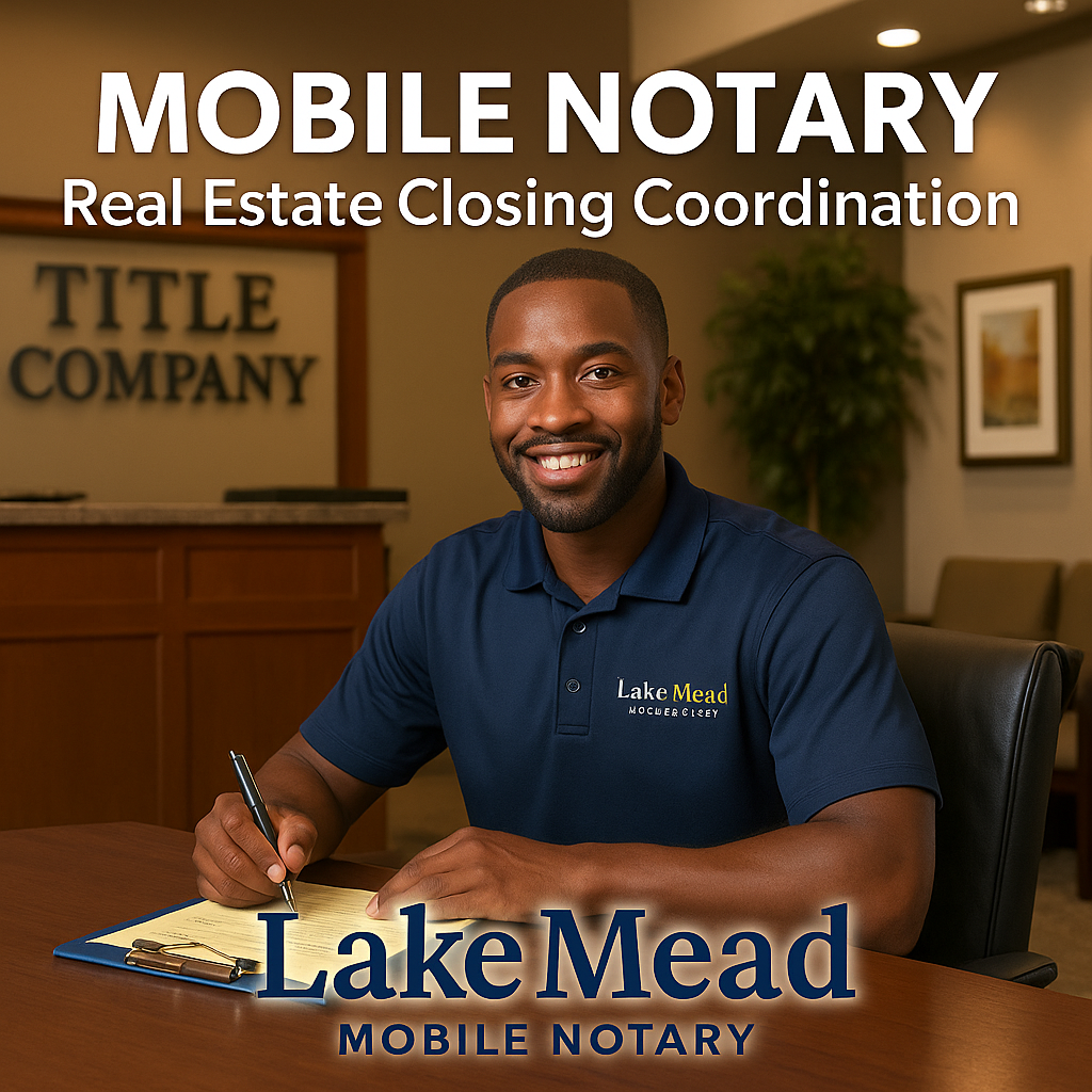 Professional mobile notary coordinating with a Las Vegas title company for a real estate closing, standing in front of a modern office building with branded Lake Mead Mobile Notary clipboard and documents, representing certified signing services