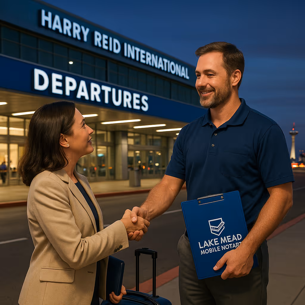 Professional mobile notary from Lake Mead Mobile Notary meets a traveler outside Harry Reid International Airport departures curb at dusk. The notary holds a branded clipboard while shaking hands with the traveler, with the Las Vegas skyline.