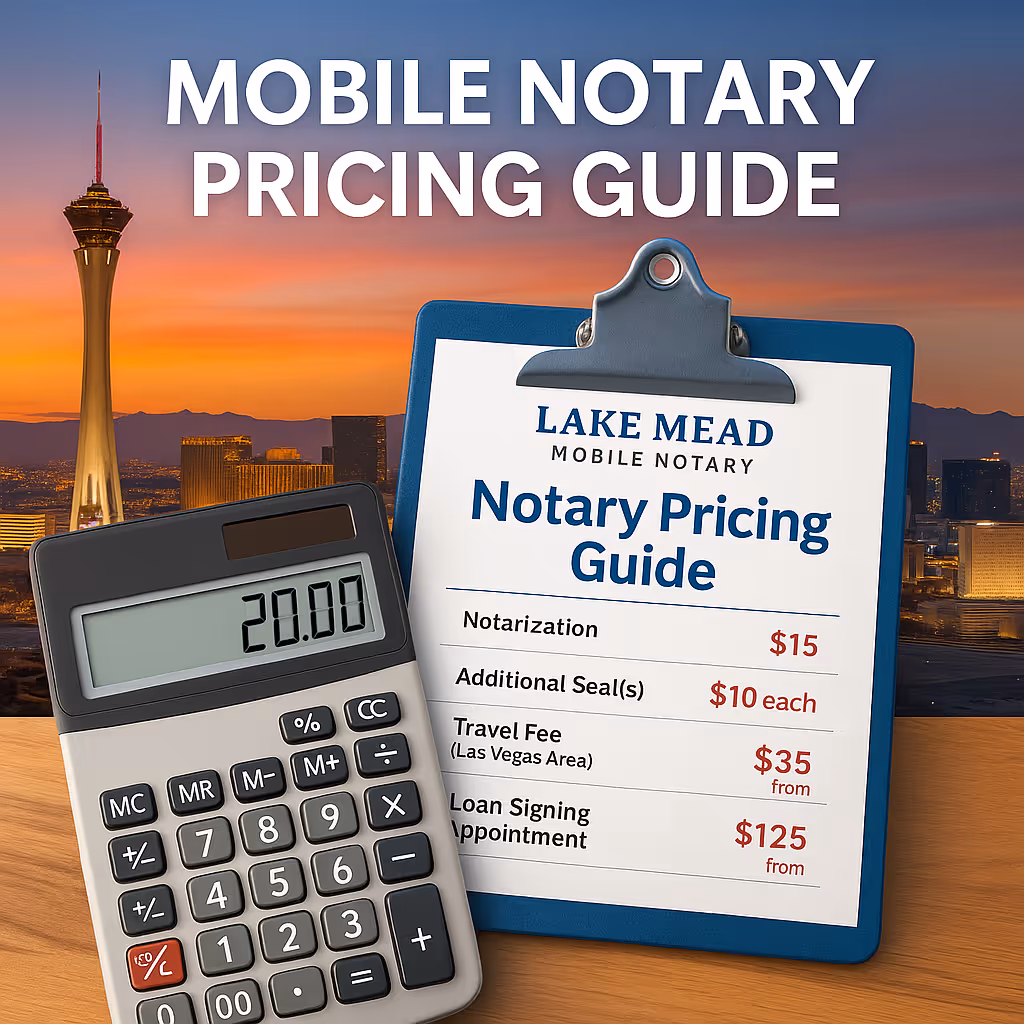 Professional mobile notary pricing guide featuring a calculator, notary journal, and transparent fee breakdown overlaid on a Las Vegas skyline background, branded in Lake Mead Mobile Notary colors to highlight affordable and reliable notary services.