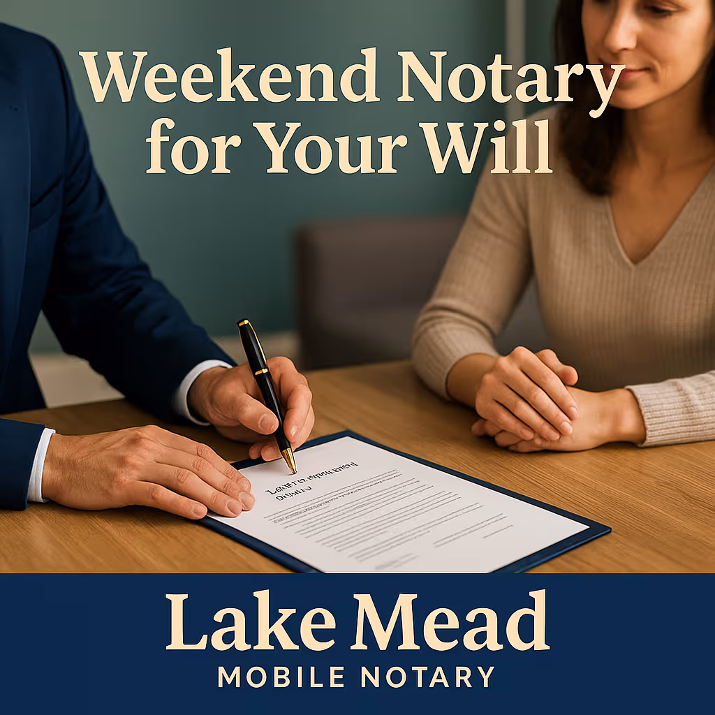 Notary assisting client with weekend will signing, calm background, soft tones, branded as Lake Mead Mobile Notary.