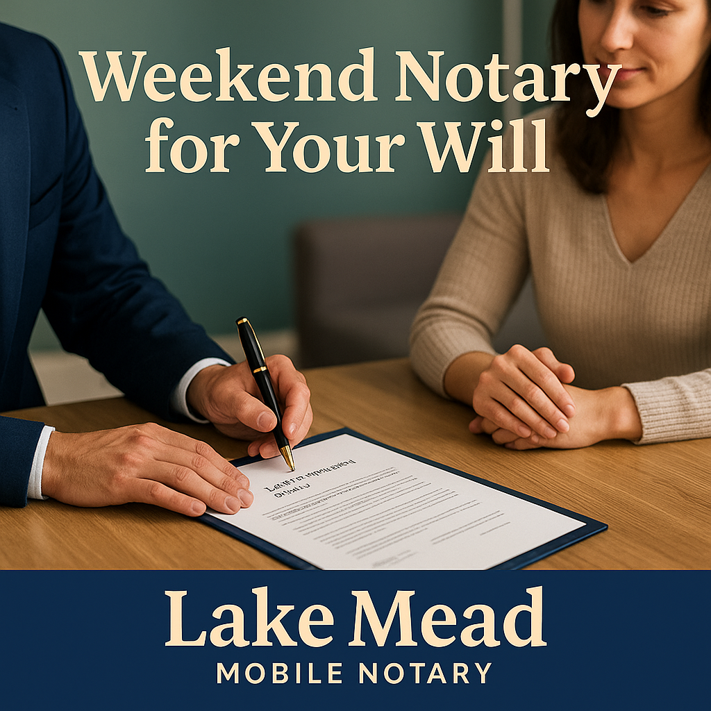 Notary assisting client with weekend will signing, calm background, soft tones, branded as Lake Mead Mobile Notary.