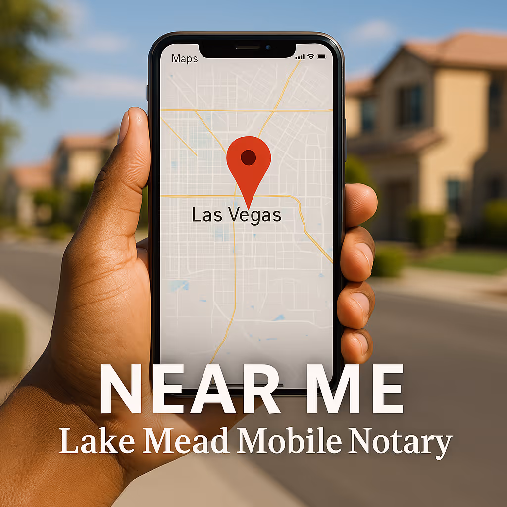 A branded promotional image for Lake Mead Mobile Notary featuring a person holding a smartphone with a map app open, displaying a red pin in a Las Vegas neighborhood. Emphasizes “notary near me” services with a clean, professional aesthetic and local focus